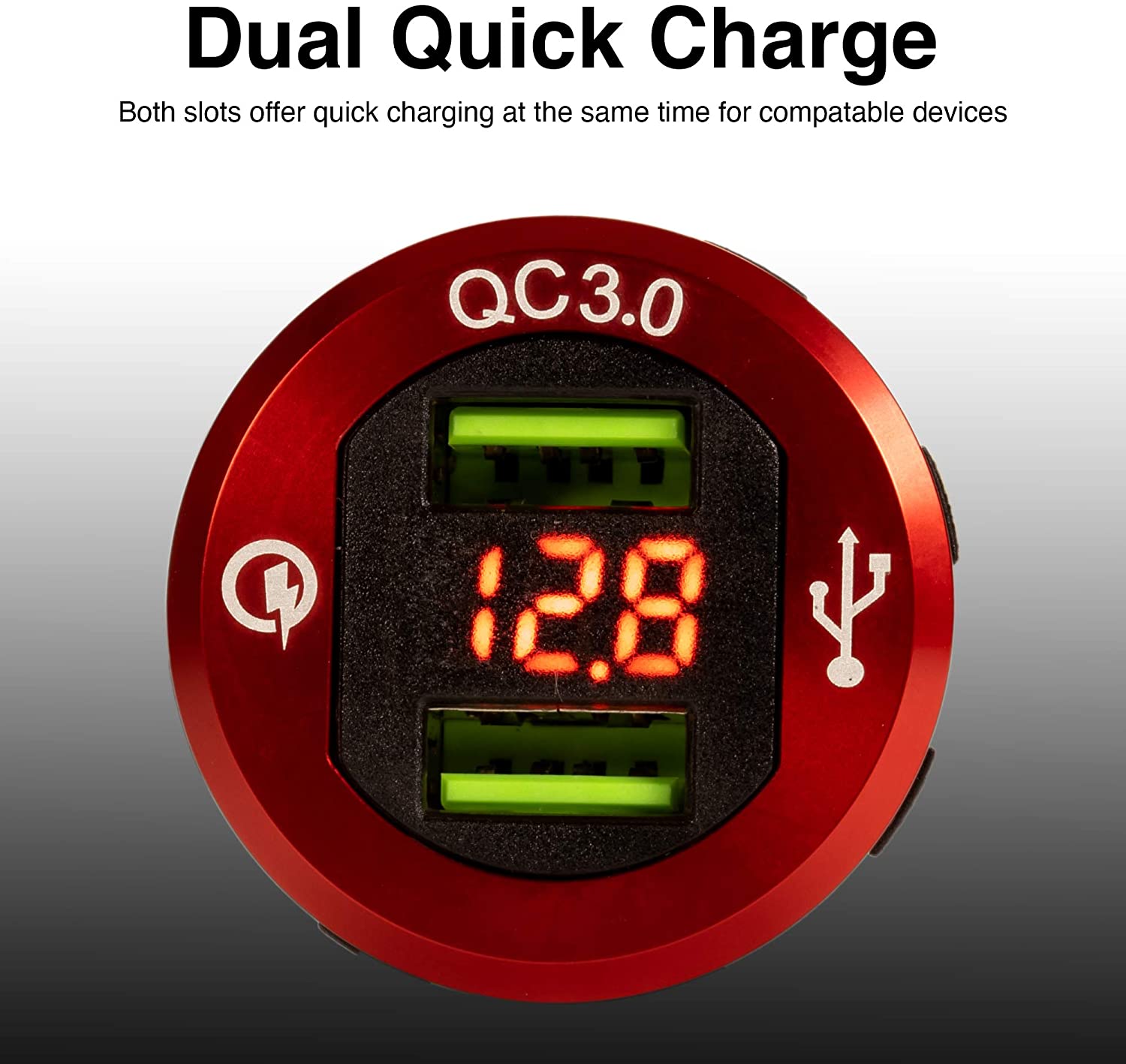 Red Quick Fast Charge USB 3.0 Car Charger, 12V/24V 36W Aluminum Waterproof Dual QC3.0 USB Fast Charger Socket Power Outlet with LED Digital Voltmeter for Marine, Boat, Motorcycle, Truck and More