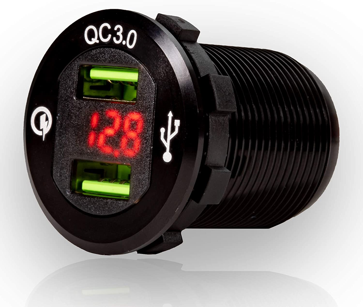 Black Quick Fast Charge USB 3.0 Car Charger, 12V/24V 36W Aluminum Waterproof Dual QC3.0 USB Fast Charger Socket Power Outlet with LED Digital Voltmeter for Marine, Boat, Motorcycle, Truck and More