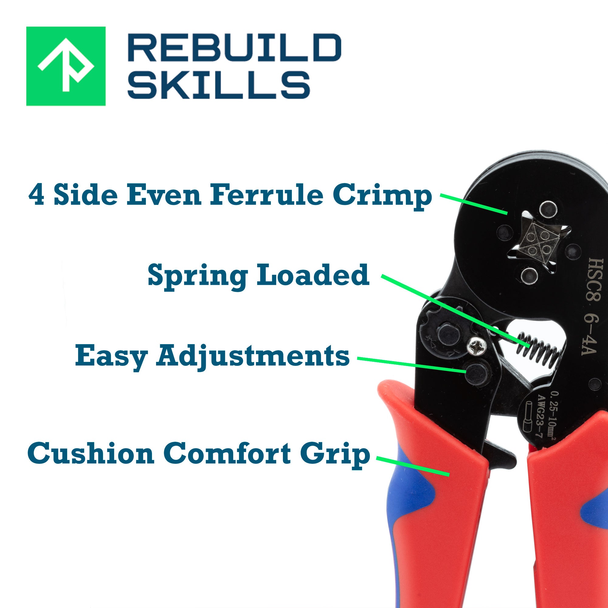 Rebuild Skills Ferrule Crimping Tool, AWG24-16,Premium Crimping Tool for Wire Terminals Cables End-sleeves : Ideal for Din Rail and Electrical Panels